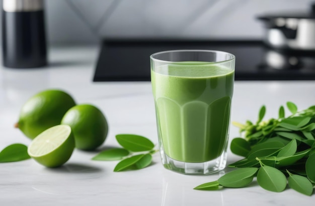 Un refrescante vaso de batido verde en una encimera de mármol flanqueado por limas frescas y hojas de moringa que invocan un estilo de vida saludable