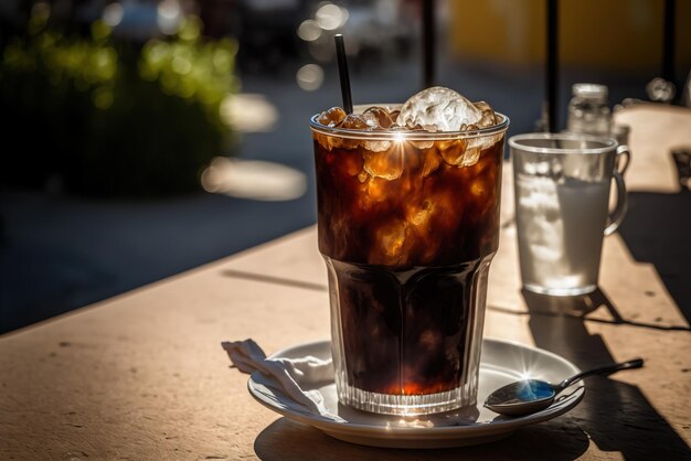 Un refrescante vaso de café frío con hielo en una mesa en un café en verano soleado