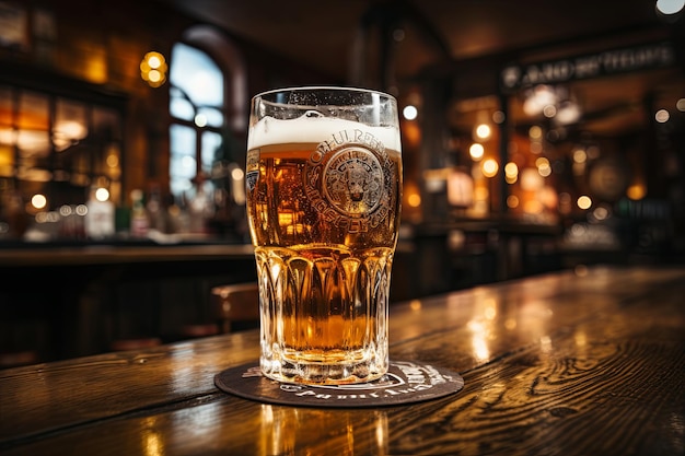 Un refrescante vaso de cerveza brillando en un mostrador de bar rústico Perfecto para escenas de pubs conceptos de bebidas y atmósferas relajantes IA generativa