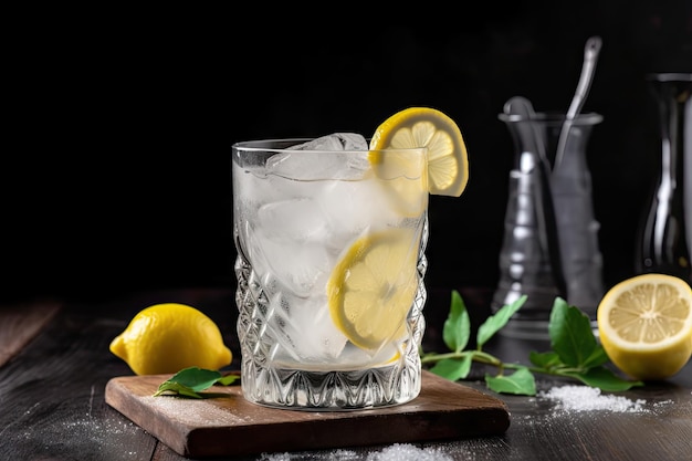 Refrescante vaso frío de limonada con limones y cubitos de hielo creado con ai generativo