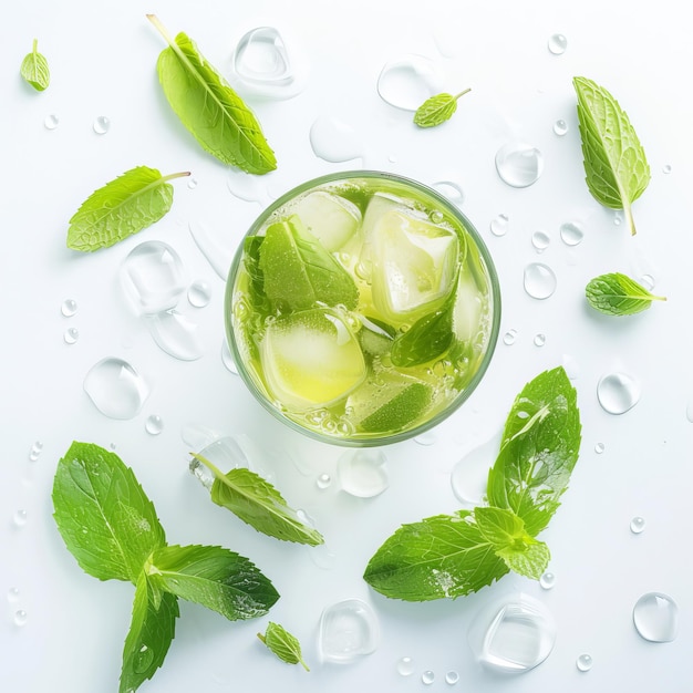 Un refrescante vaso de hielo y hojas de menta