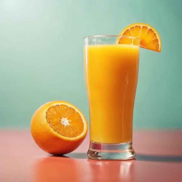 Un refrescante vaso de jugo de naranja se sienta en un fondo limpio de gusanos vibrante