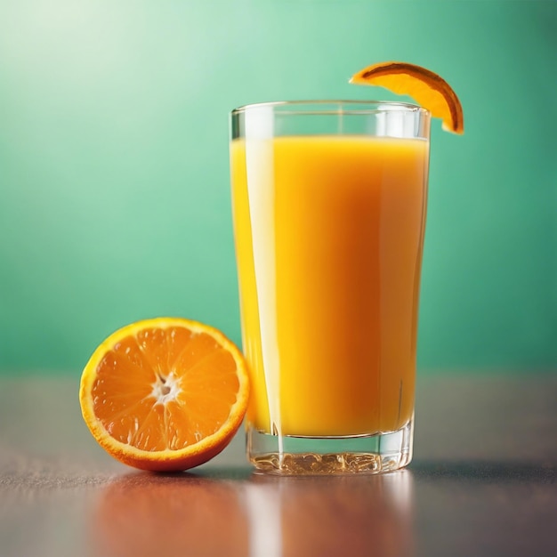 Un refrescante vaso de jugo de naranja se sienta en un fondo limpio de gusanos vibrante