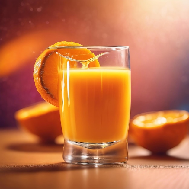 Un refrescante vaso de jugo de naranja se sienta en un fondo limpio de gusanos vibrante