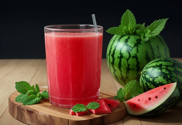 Refrescante Un vaso de jugo de sandía con hojas de menta en una mesa de madera