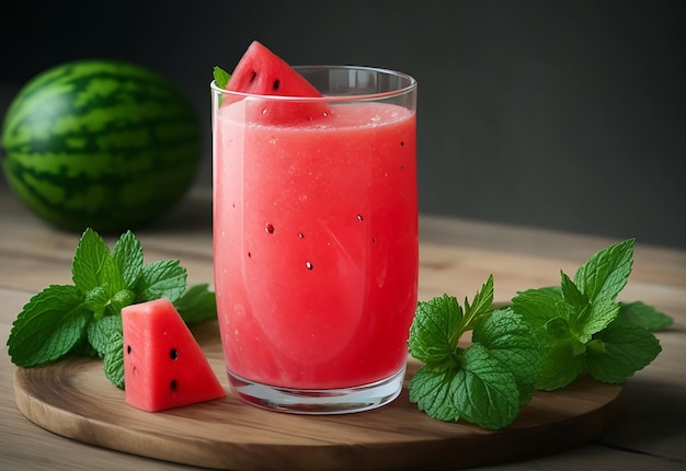 Refrescante Un vaso de jugo de sandía con hojas de menta en una mesa de madera