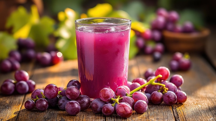 Foto un refrescante vaso de jugo de uva se sienta en una mesa de madera rústica rodeada de uvas frescas el color púrpura vibrante del jugo y las uvas crea una escena animada y acogedora
