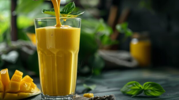 Un refrescante vaso de lassi de mango que se vierte con cuidado su textura cremosa y sabor tropical evocando la esencia de los veranos indios y las delicias culinarias