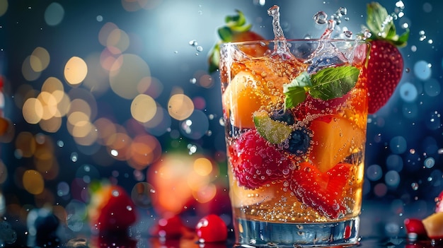 Un refrescante vaso de sangria con frutas flotando y un chapoteo