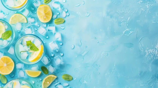 Refrescantes bebidas cítricas con limón helado y menta sobre un fondo fresco de agua que evoca la frescura del verano
