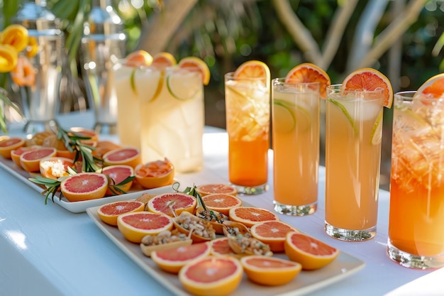 Refrescantes bebidas de cítricos de verano y frutas en rodajas en una mesa al aire libre