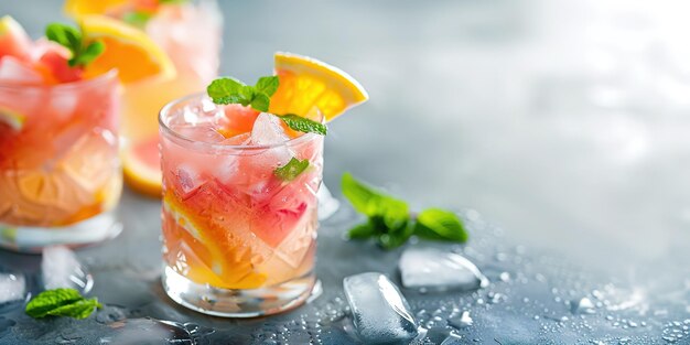 Refrescantes cócteles de cítricos con hielo adornado con menta fresca