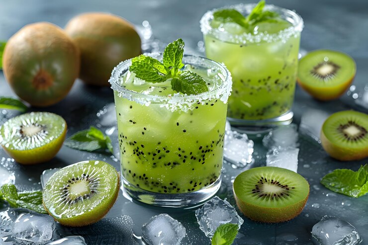 Refrescantes cócteles de menta de kiwi con frutas frescas y hielo