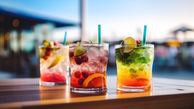 Refrescantes coquetéis alcoólicos com menta gelada e frutas no bar em close-up contra o mar Sunset Party