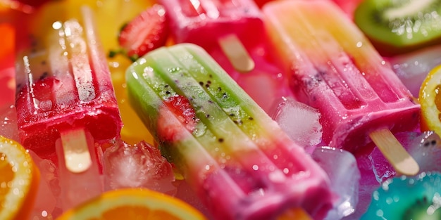 Foto refrescantes helados de frutas de colores vibrantes que se derriten en el calor del verano