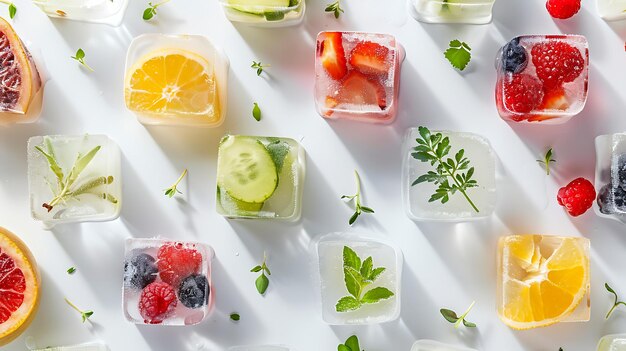 Foto refrescantes y saludables cubos de hielo con frutas y hierbas perfectos para bebidas de verano