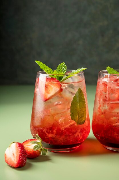 Refrescantes vasos de bebida de verano de fresa con cubitos de hielo y hojas de menta Fondo verde