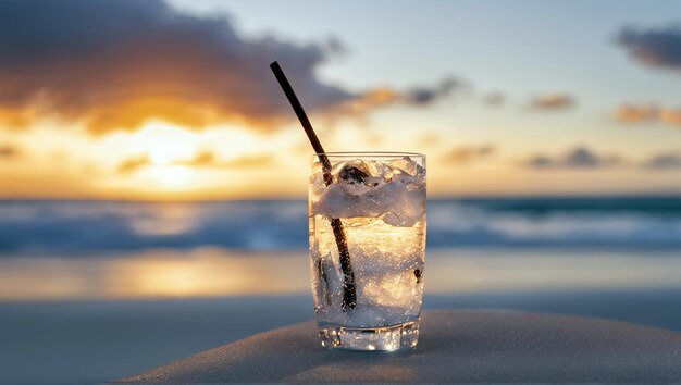 Refresco de agua con gas helada en la playa