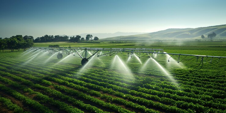 Refresco desde arriba a medida que los rociadores arrojan agua sobre la vegetación geométrica de los campos