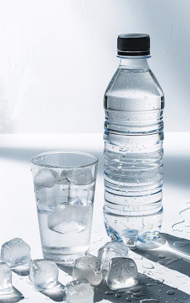 Refresco cristalino una botella de agua un vaso con cubos de hielo y hielo esparcido en una superficie húmeda iluminada por luz suave