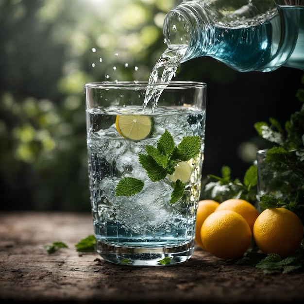 Refresco de la naturaleza vertiendo agua en un vaso