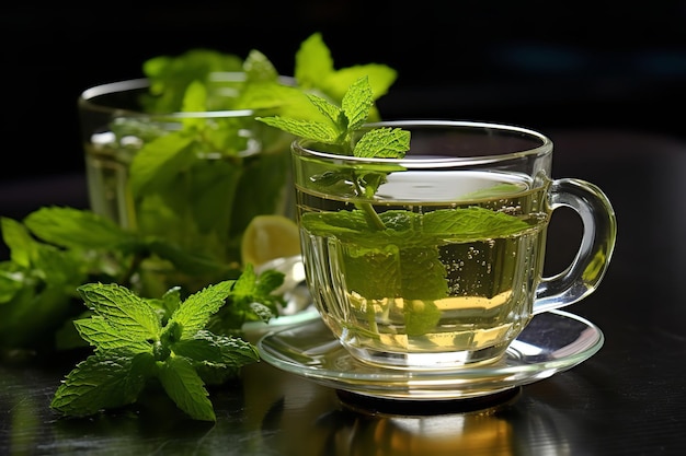 Refresco de té de menta con hojas de menta fresca