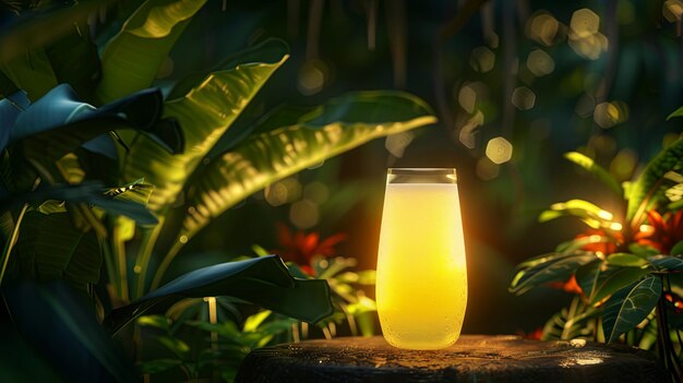 Foto refresco tropical com bebida fria em meio a folhagem exuberante