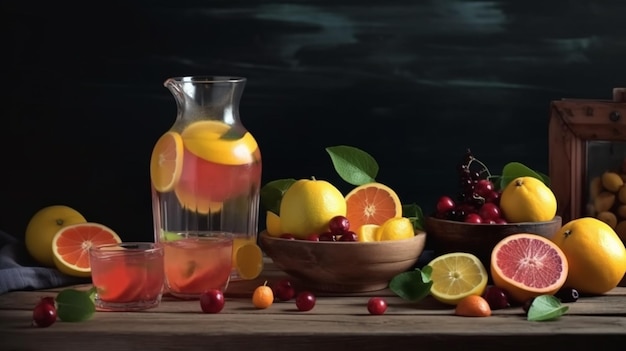 Refresque la limonada y las frutas recién hechas en la mesa de madera gris AI Generative
