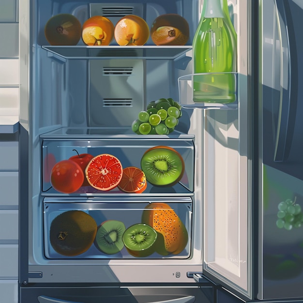 un refrigerador abierto con un montón de frutas y verduras