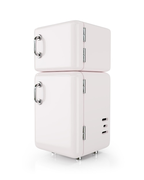 Refrigerador de abrazo dulce con manijas metálicas aisladas sobre un fondo blanco