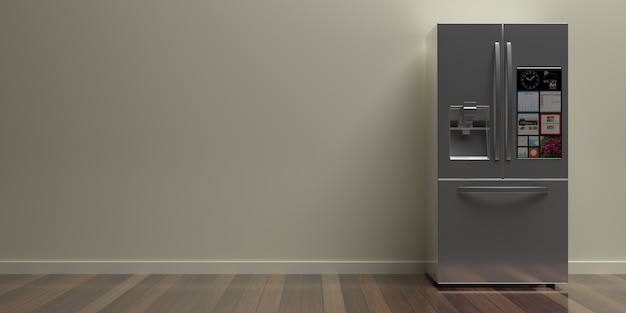 Refrigerador uno al lado del otro en el piso de la cocina fondo de pared beige ilustración 3d