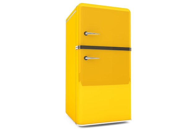 Refrigerador amarillo moderno sobre un fondo blanco.