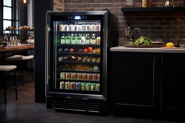 Foto refrigerador de bebidas de puerta de vidrio en la cocina