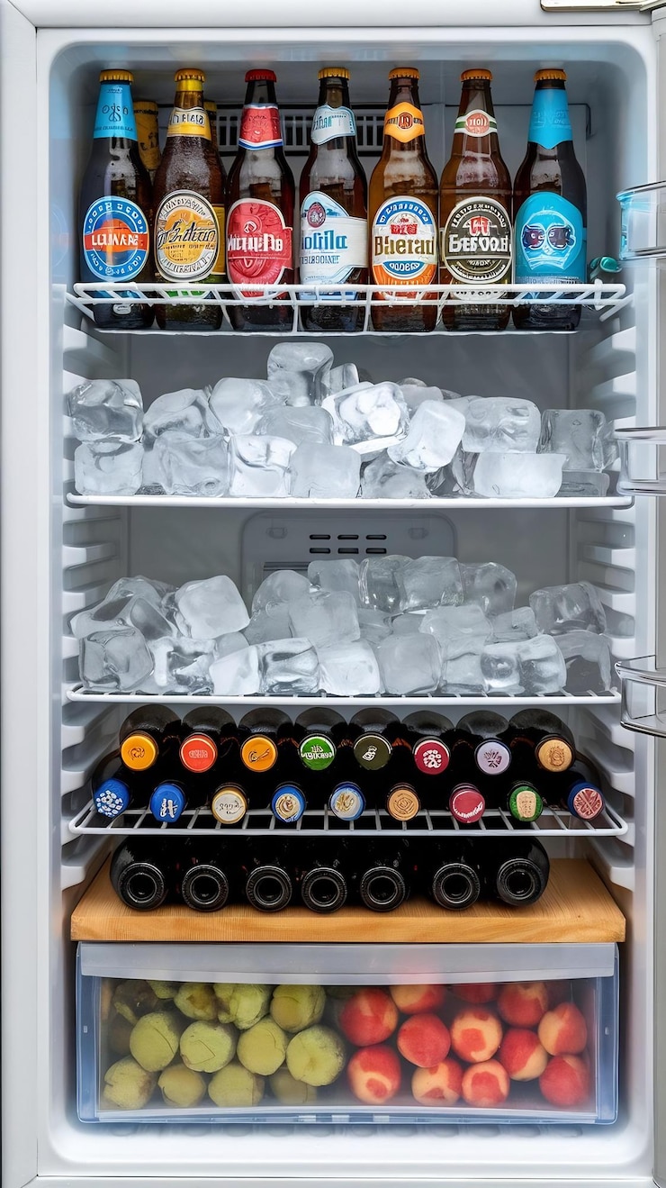 Foto refrigerador de viagem com garrafas de cerveja e cubos de gelo isolados em branco