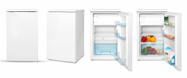 Foto refrigerador doméstico moderno con comida, cuatro ángulos, aislado.