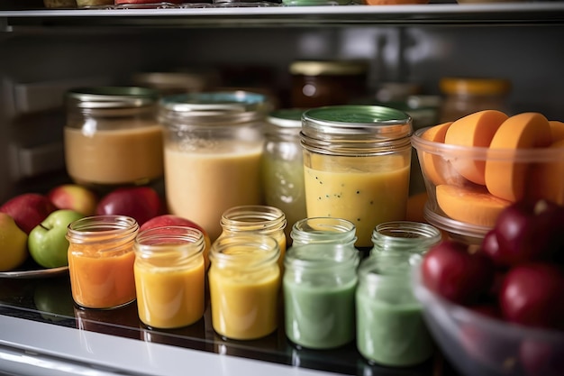 Refrigerador con fórmula de comida para bebés y puré de frutas y verduras IA generativa