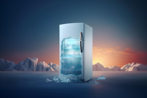 Un refrigerador con un gran iceberg en el medio.