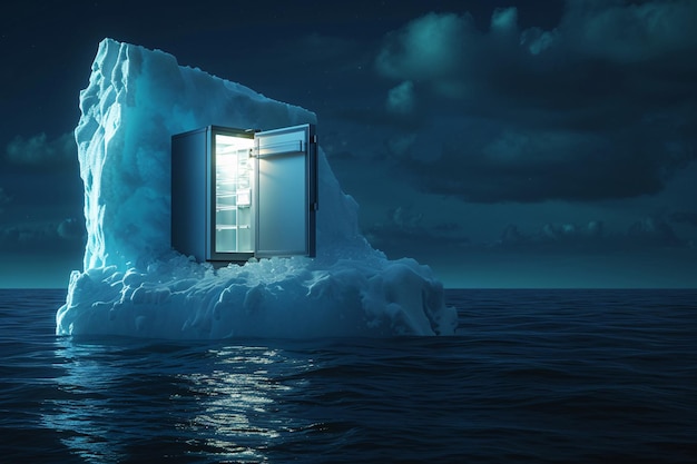 Foto un refrigerador en un iceberg en el océano