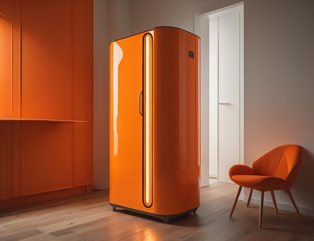 Refrigerador laranja na sala de estar generativo ai