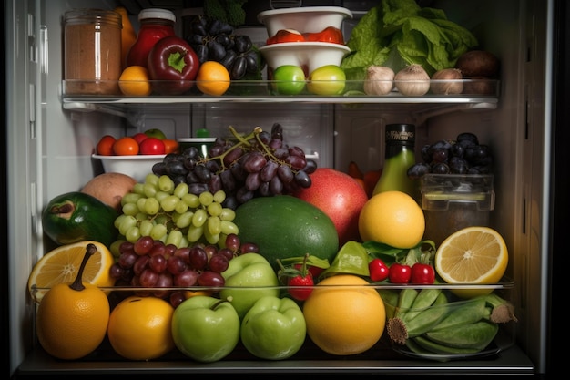 Refrigerador lleno de frutas y verduras frescas de temporada creadas con AI generativa