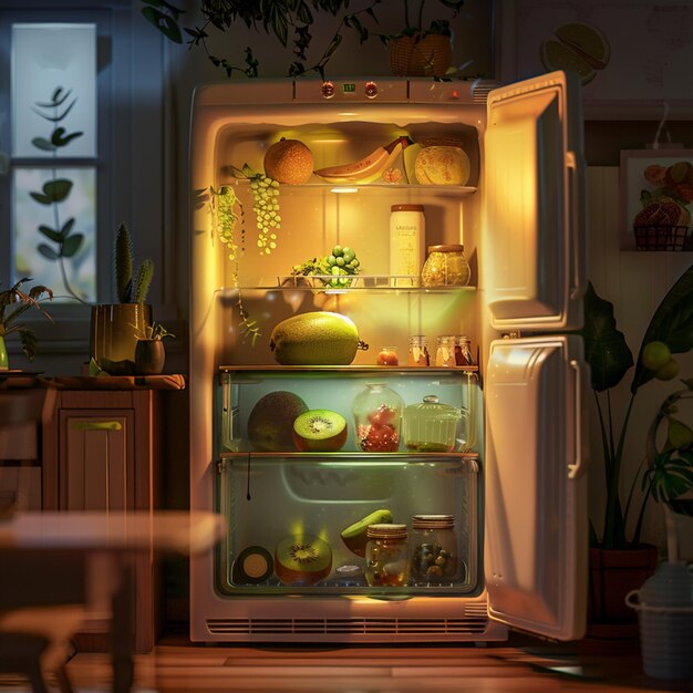 un refrigerador con una luz que brilla en él y la palabra "fruta" en la parte inferior