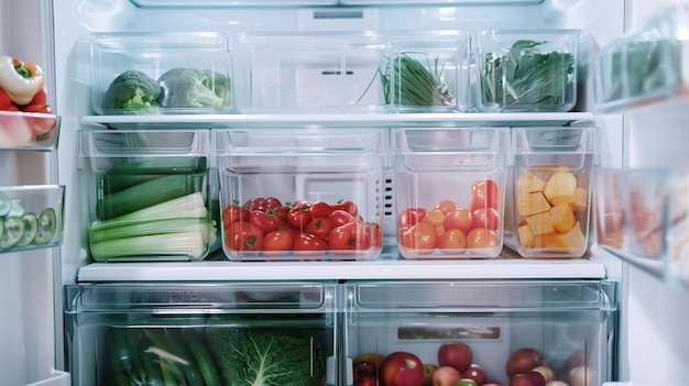 Un refrigerador moderno abastecido con una variedad de productos frescos