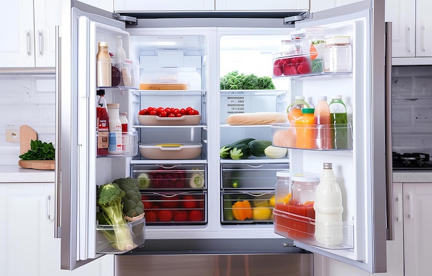 refrigerador moderno de metal abierto con verduras en él