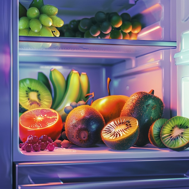 un refrigerador con un montón de diferentes frutas y verduras