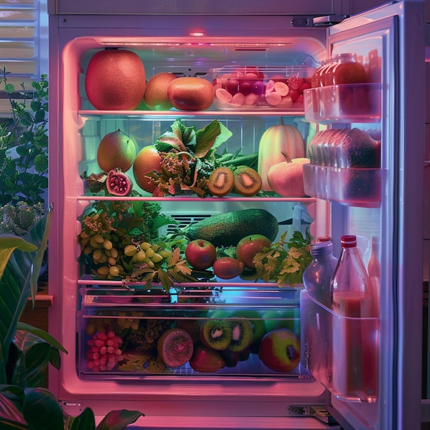 un refrigerador con muchas frutas y verduras diferentes dentro