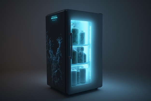 Un refrigerador negro con una luz azul que dice "Samsung"