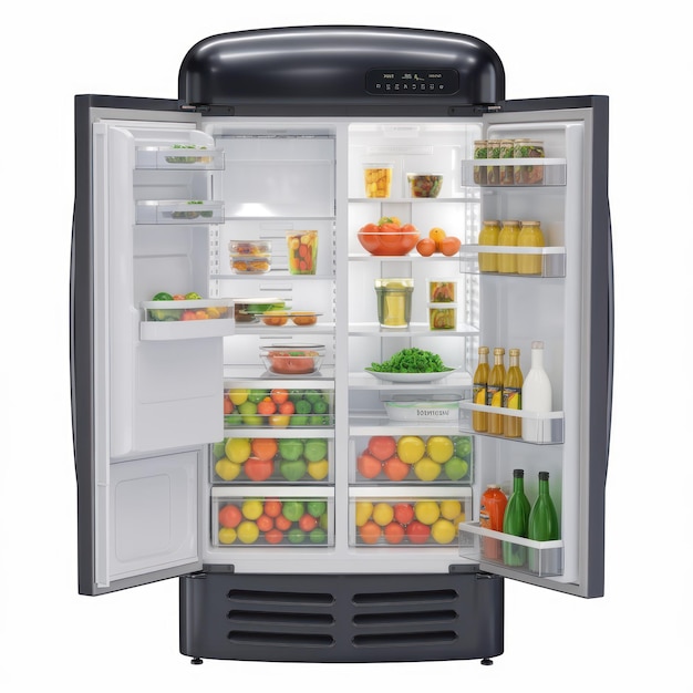 Refrigerador negro retro lleno de comida