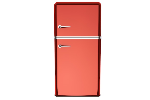 Foto refrigerador rojo moderno sobre un fondo blanco.