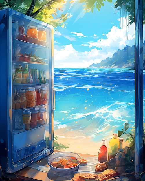 Refrigerador vacío que muestra mariscos y Udon desde arriba