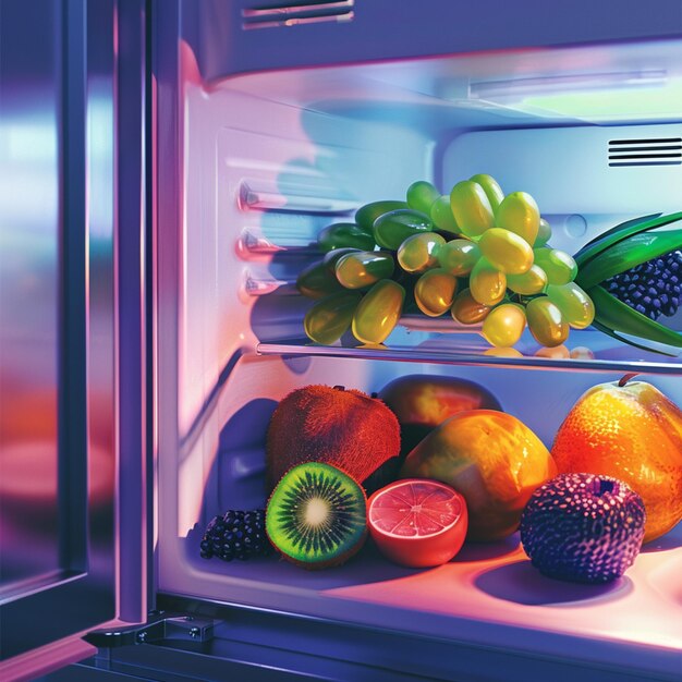 un refrigerador con una variedad de frutas y verduras en él